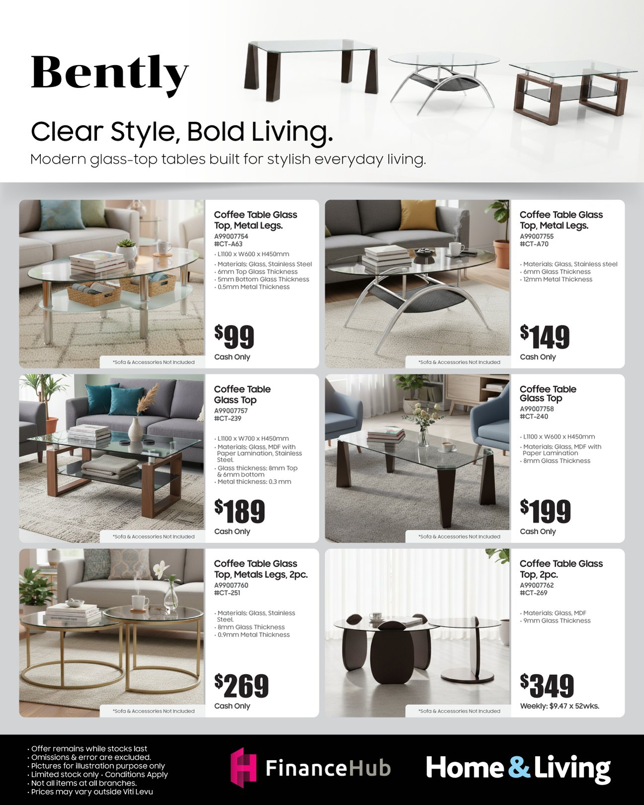 Bently Coffee Tables - Modern Glass-Top Collection