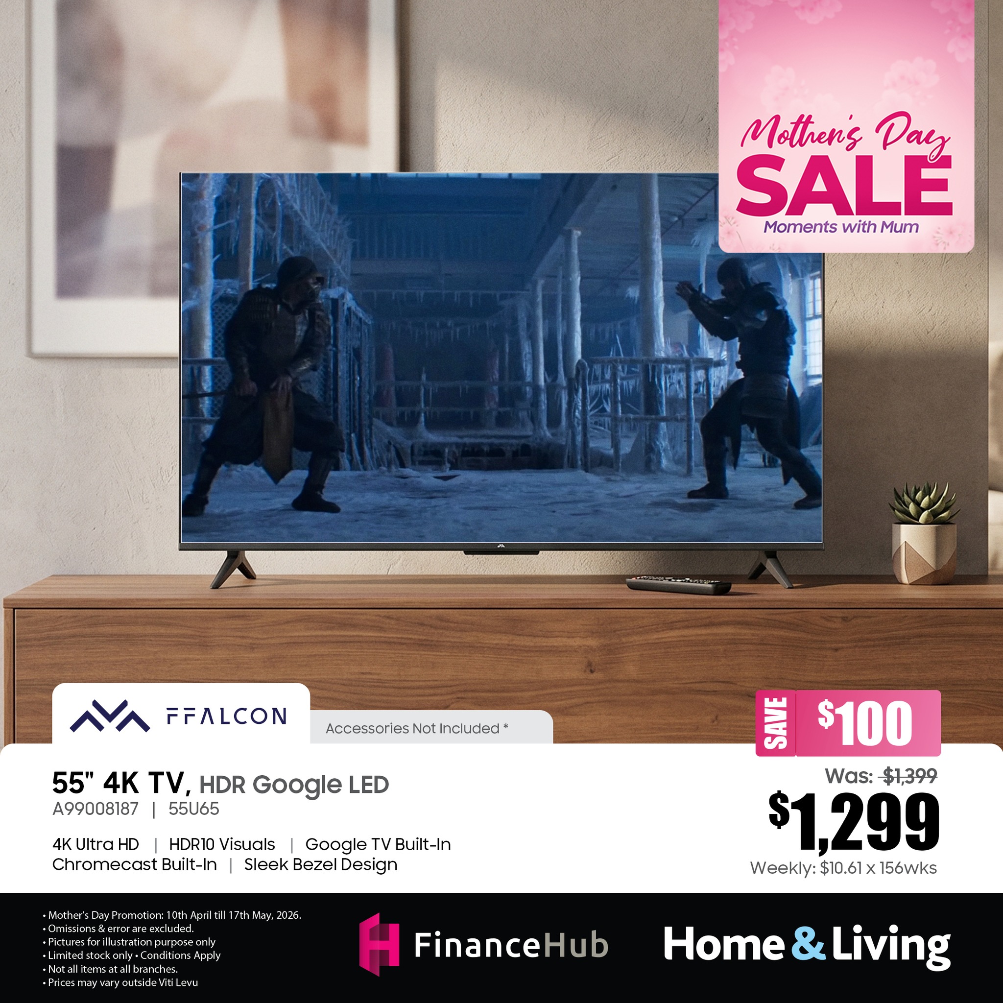55" 4K TV, HDR Google LED