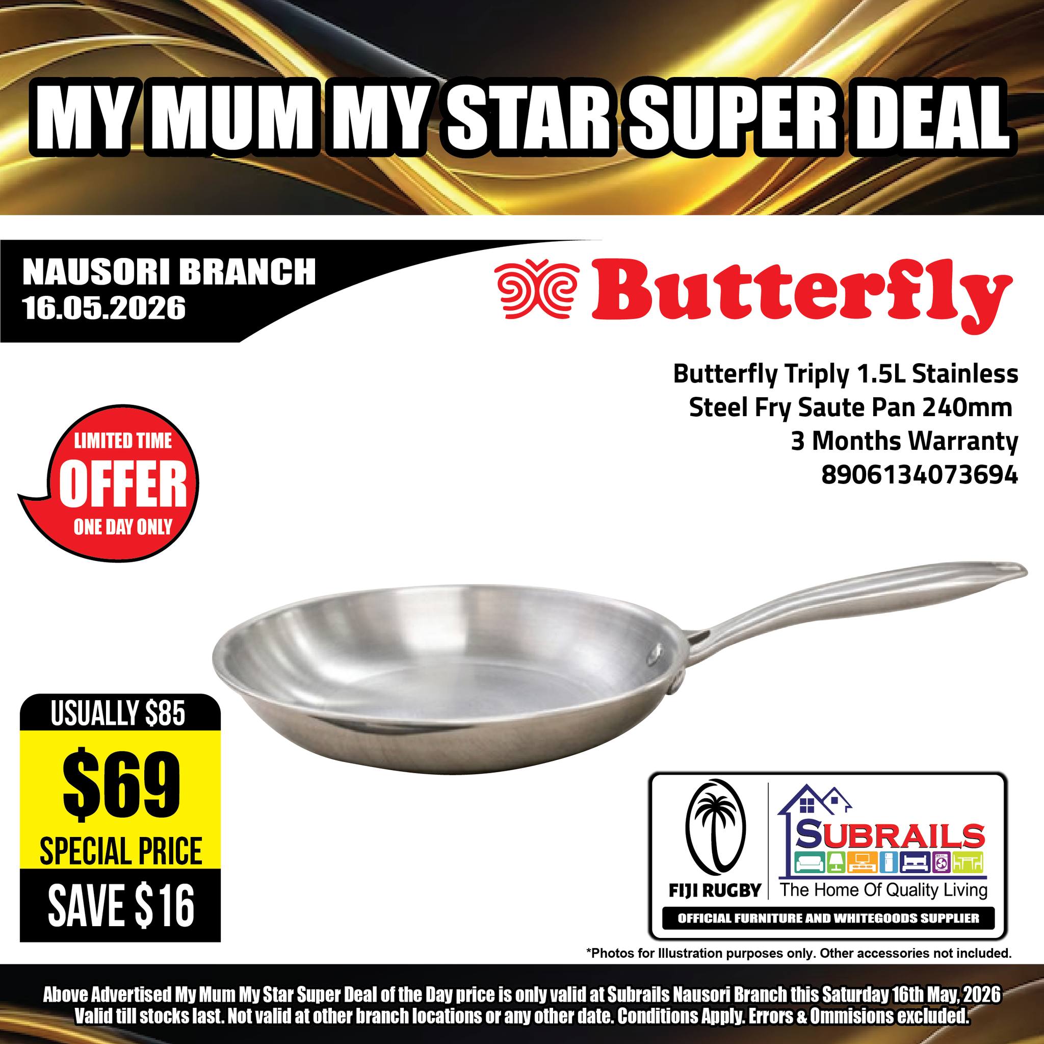 Butterfly Triply 1.5L Stainless Steel Fry Saute Pan