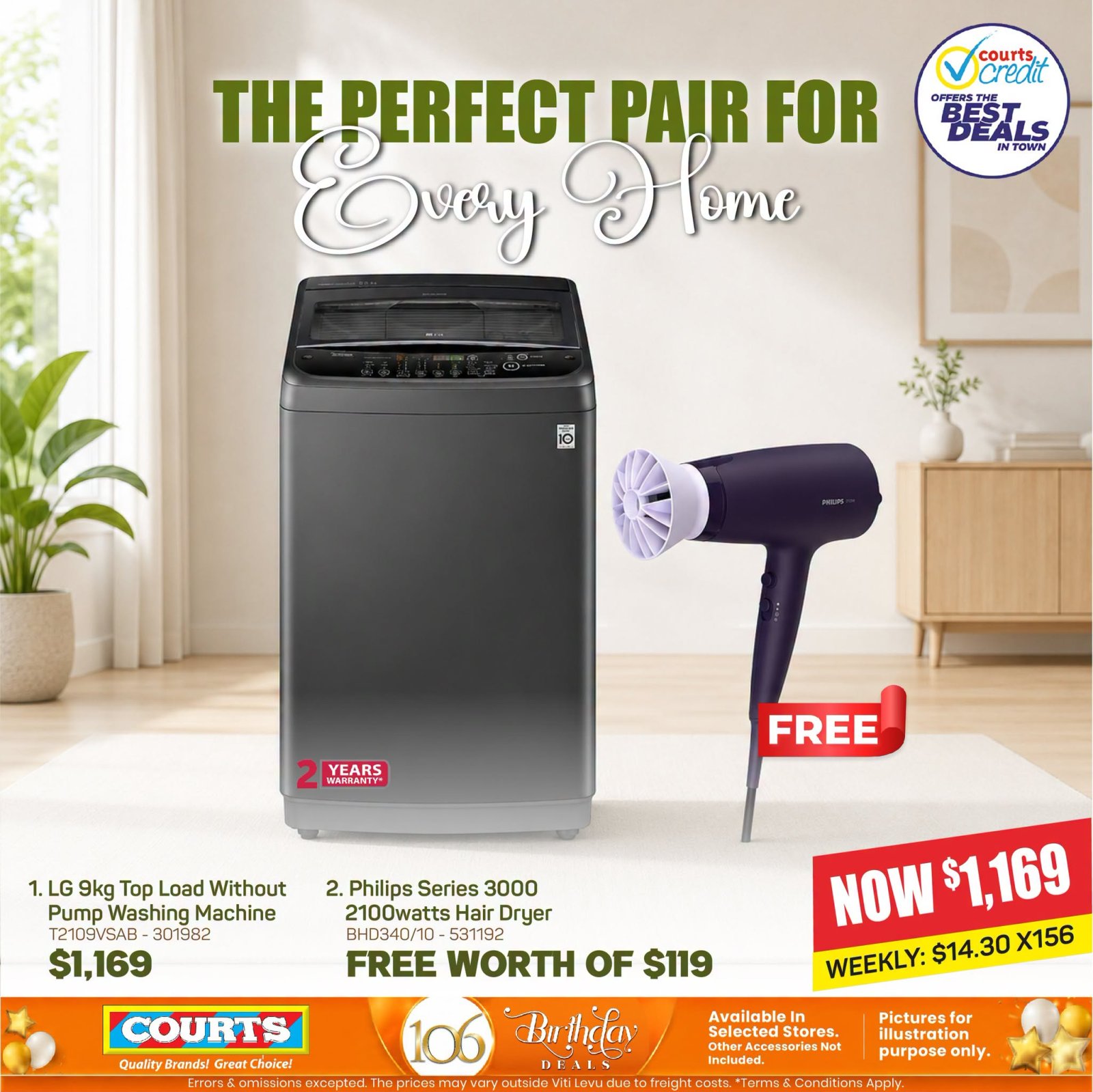 LG 9kg Washing Machine + Free Philips Hair Dryer