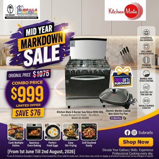 Kitchen Mate 6 Burner Gas Stove & Fry Pan Combo
