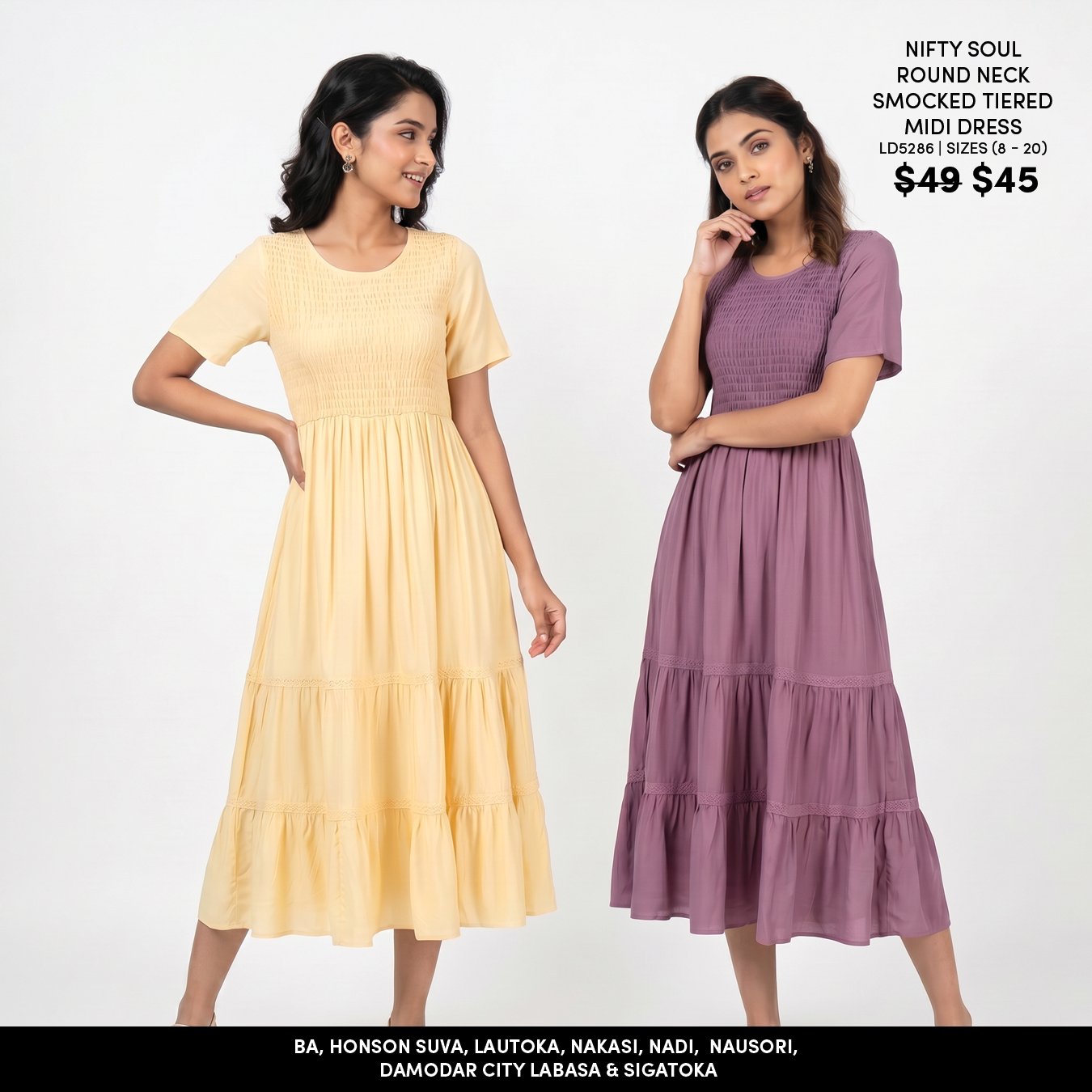 Nifty Soul Round Neck Smocked Tiered Midi Dress