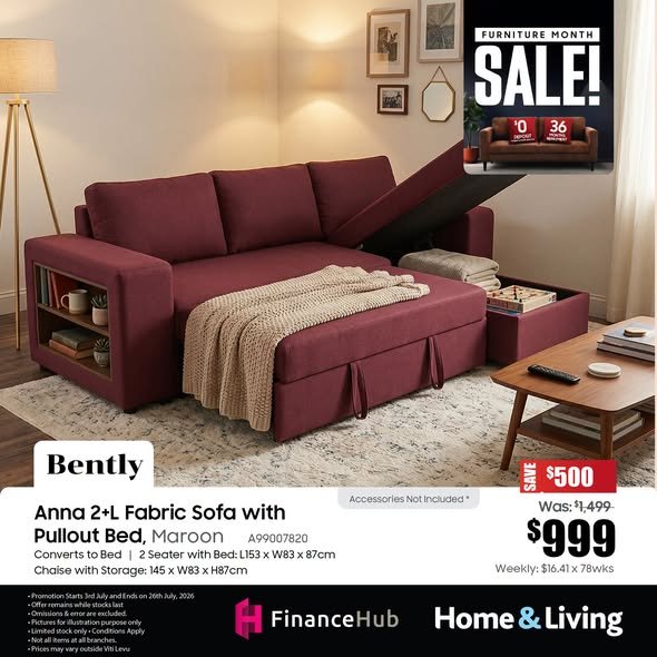 Anna 2+L Fabric Sofa with Pullout Bed, Maroon