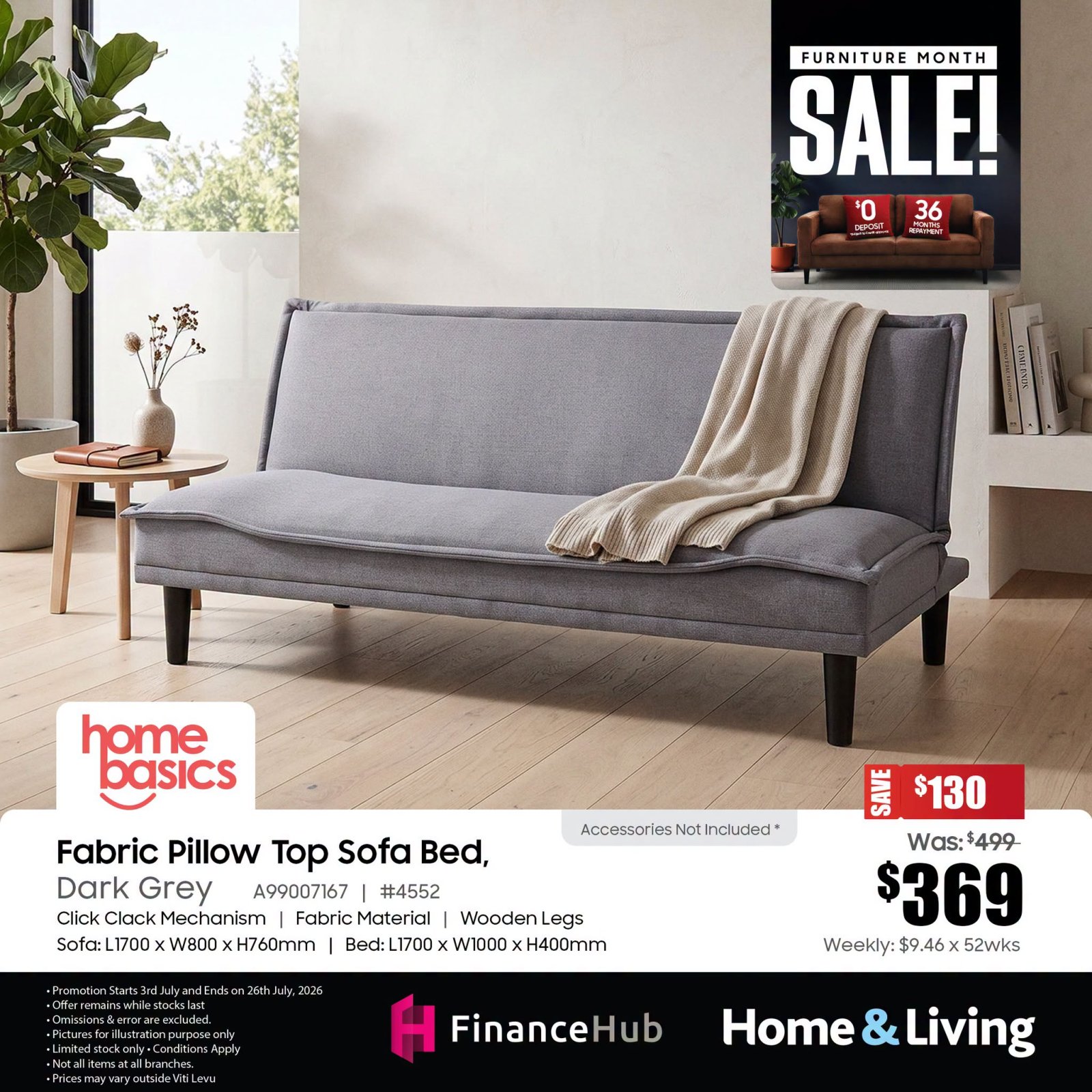 Fabric Pillow Top Sofa Bed, Dark Grey