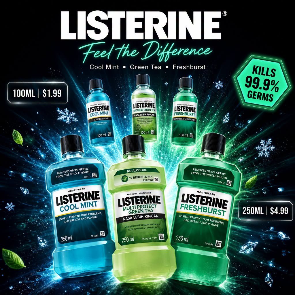 Listerine Mouthwash – Cool Mint, Green Tea, Freshburst
