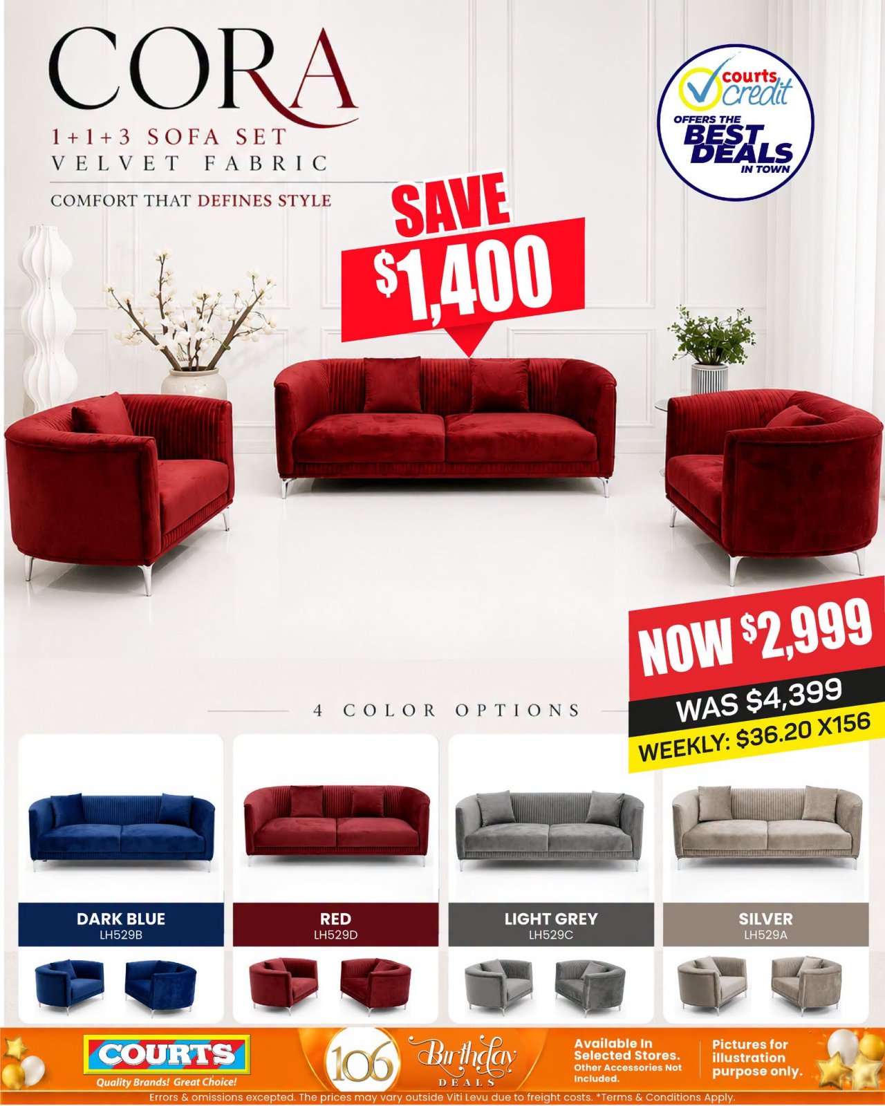 CORA 1+1+3 Sofa Set - Velvet Fabric