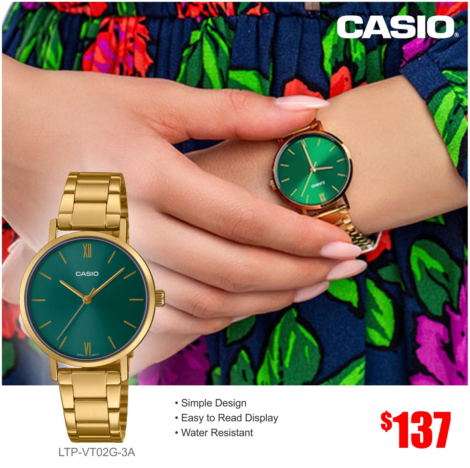 Casio LTP-VT02G-3A Ladies Watch - Gold & Green