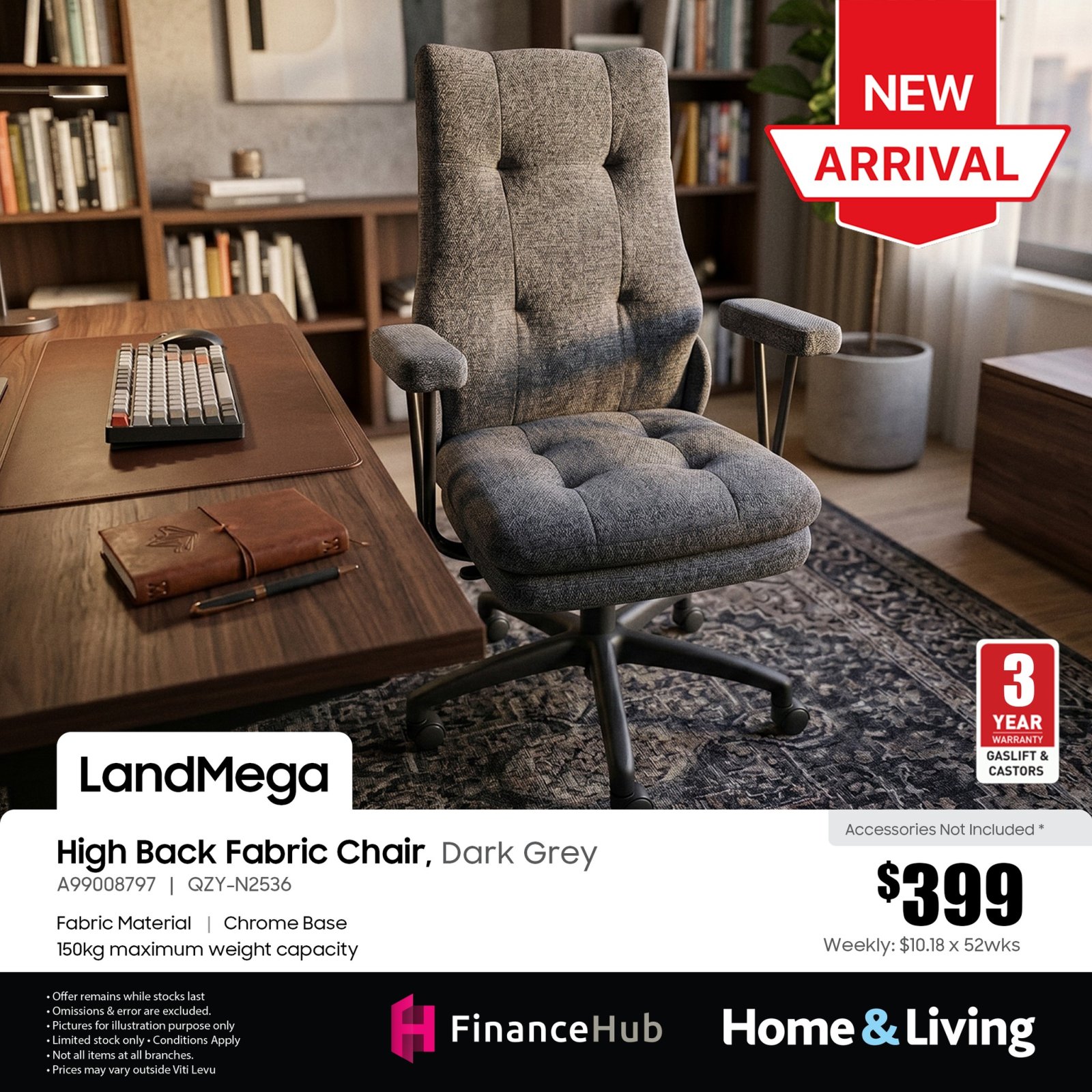 High Back Fabric Chair, Dark Grey