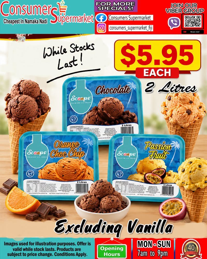 Scoops Ice Cream 2 Litres – $5.95 Each